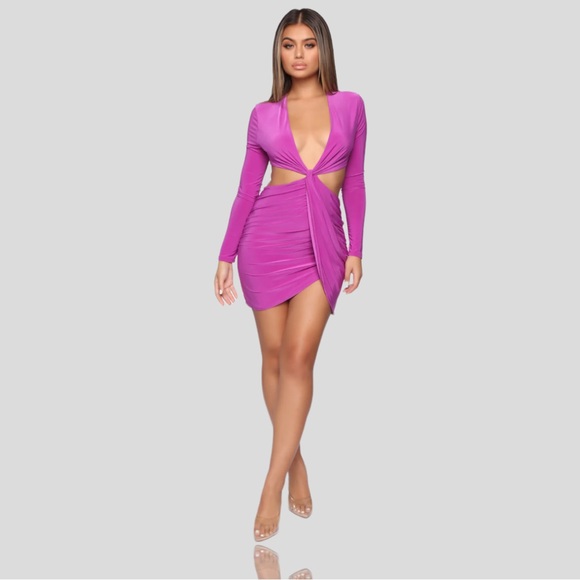 Fashion Nova Violet Slinky Cut Out V-Neck Criss Cross Long Sleeve Mini Dress - Picture 6 of 7